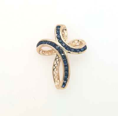 14K Yellow Gold Freeform CroSS with Channel Set Round Blue Sapphires