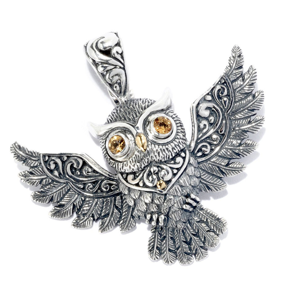 SS and 18K Yellow Gold "Owl Pendant" with Citrine Eyes