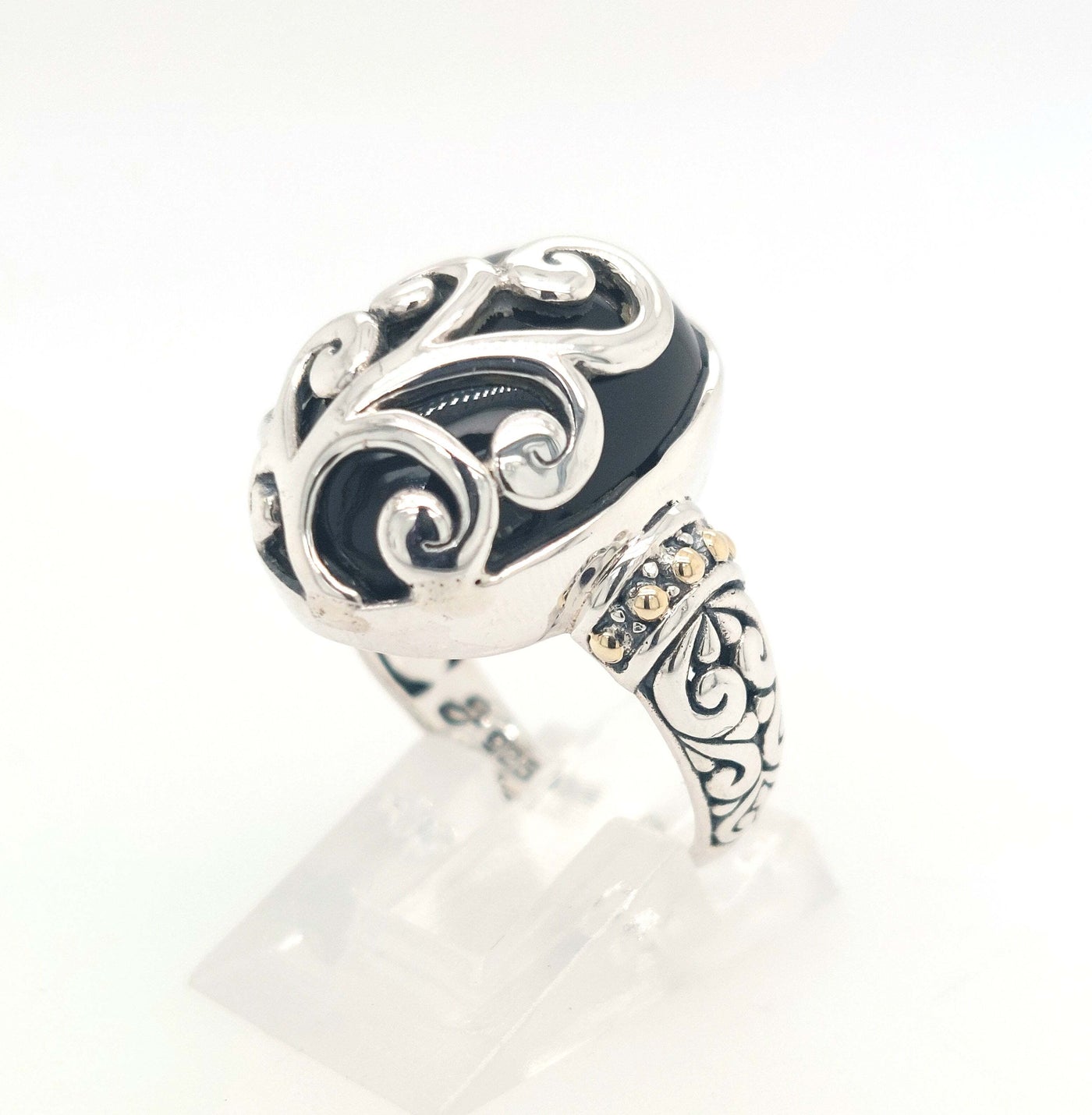SS and 18K Yellow Gold Oval Black Chalcedony "Silver Fern Ring"