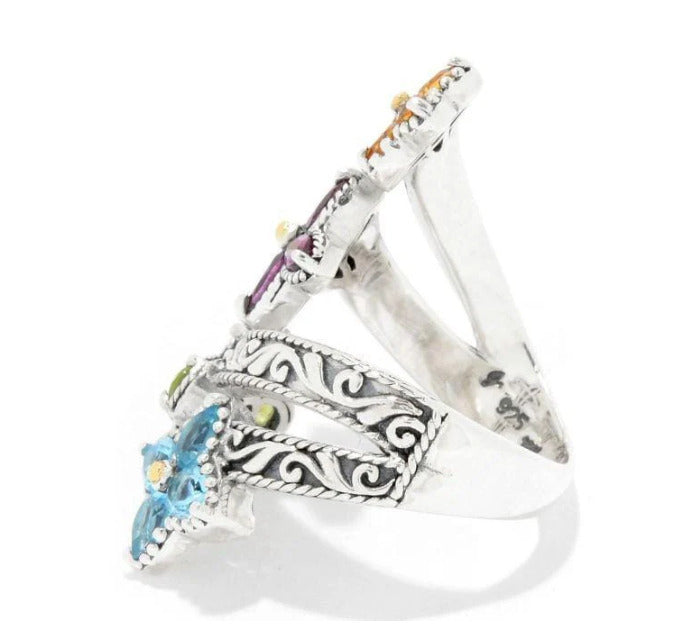 SS & 18K Yellow Gold Multi Gemstone Flower "Hana Ring"