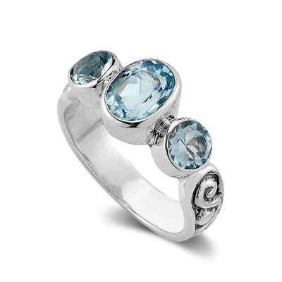 SS 3 Stone Blue Topaz "Udaya" Ring