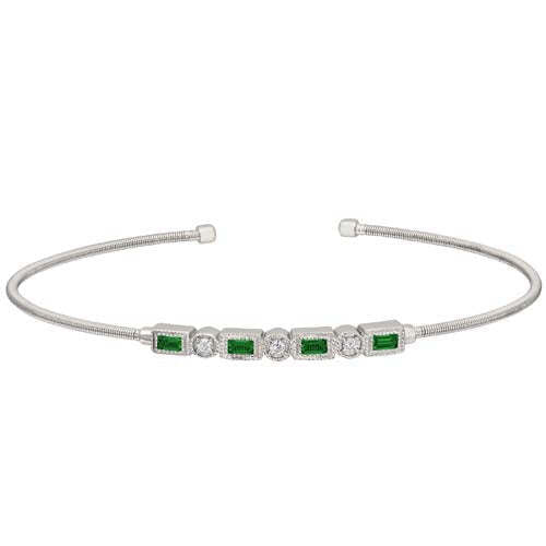 Rhodium Finish SS Cable Cuff Bracelet with Simulated Emeralds and Simulated Diamonds
