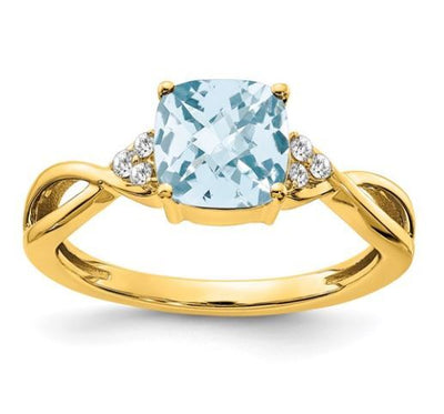 14K Yellow Gold Checkerboard Aquamarine and 0.06ctTW Diamond Ring Size:7