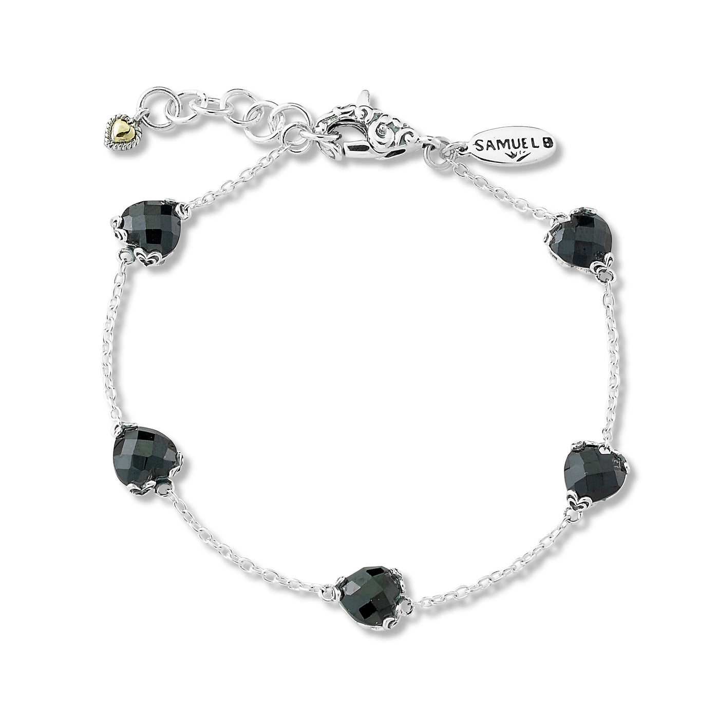 Sterling Silver 7mm Heart Shaped Black Spinel Station Bracelet