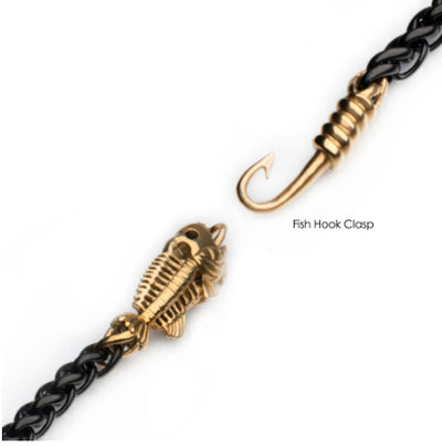 Black StainleSS Steel Wheat Chain Bracelet with 18K Gold Plated Fishbone on Hook Clasp