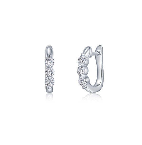 SS Bonded w/ Plat 3-Stone Huggie Hoop Earring Pair w/ LaSSaire sim. dias 1.50ctTW