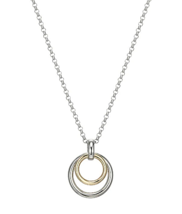 SS ELLE "Simpatico" Rhodium and Gold Plated Double Circle Drop Pendant (17" + 3")