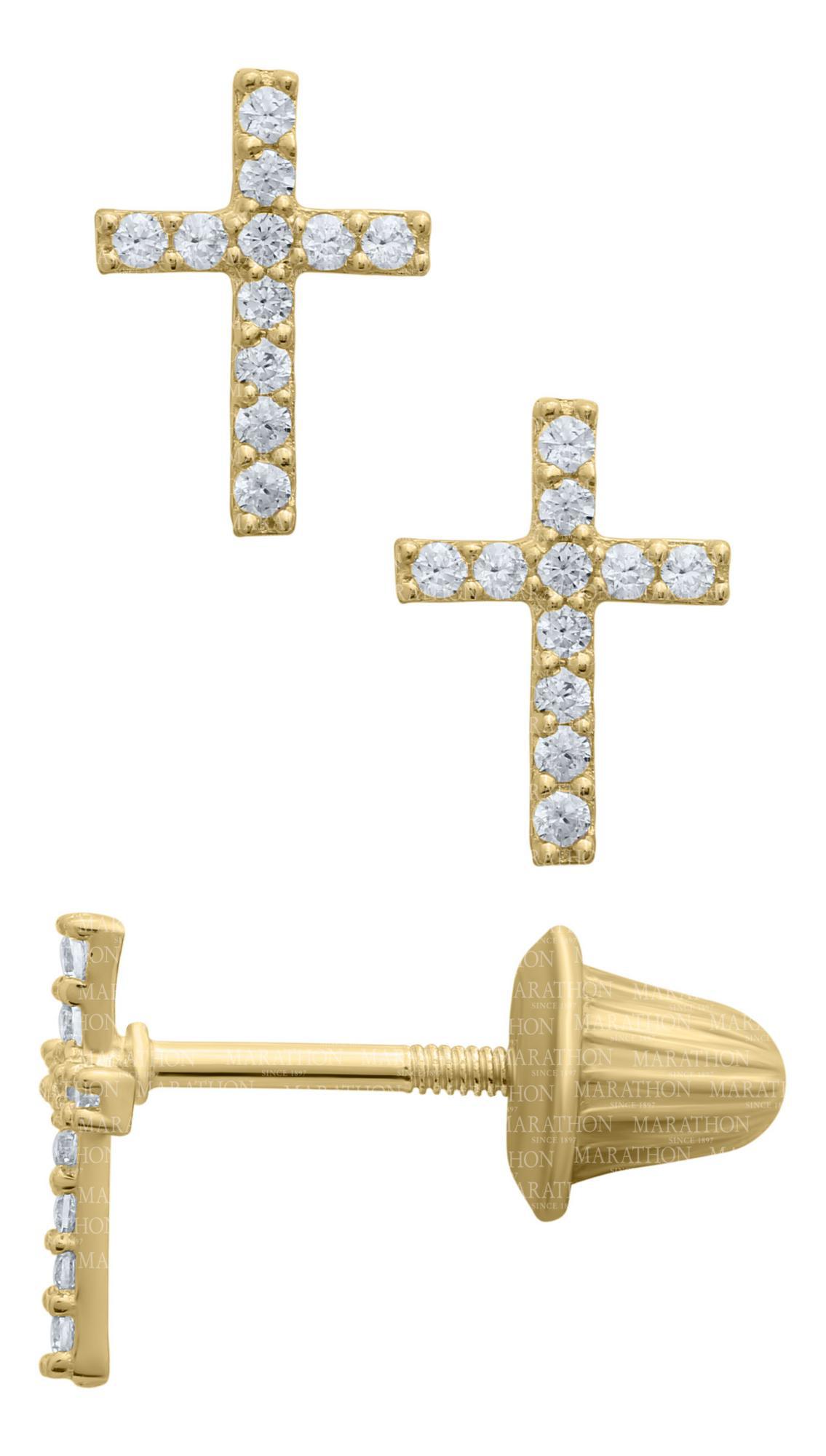 14KY Gold Cross Cubic Zirconia Earrings with Screwbacks