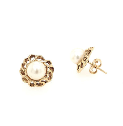 14K Yellow Gold Woven Pearl Stud Earrings
