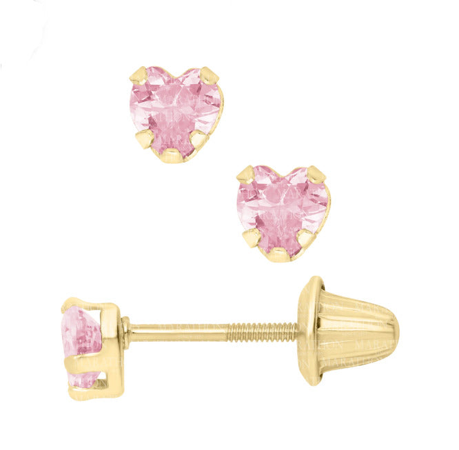 14K Yellow Gold Pink Cubic Zirconia Heart Earrings
