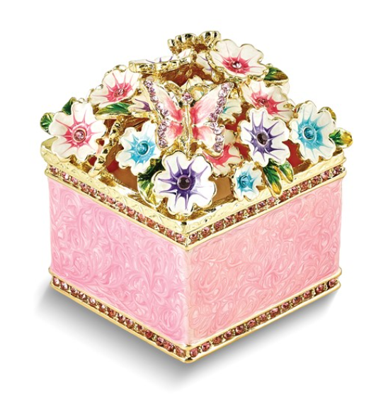 Jere Bejeweled Crystals Enameled "HELLO SPRING" Flowers and Butterfly Ring Holder Trinket Box