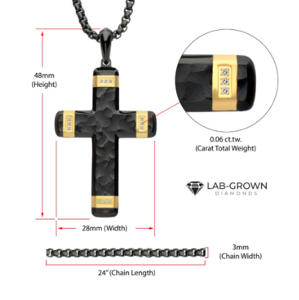 Two-Tone Black and Gold Ion-Plated Plated Carved Steel Cross Necklace with Lab-Grown Diamonds