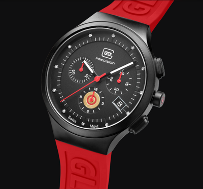 Mid-Size Black Steel Glock Watch with Black and Red Dial