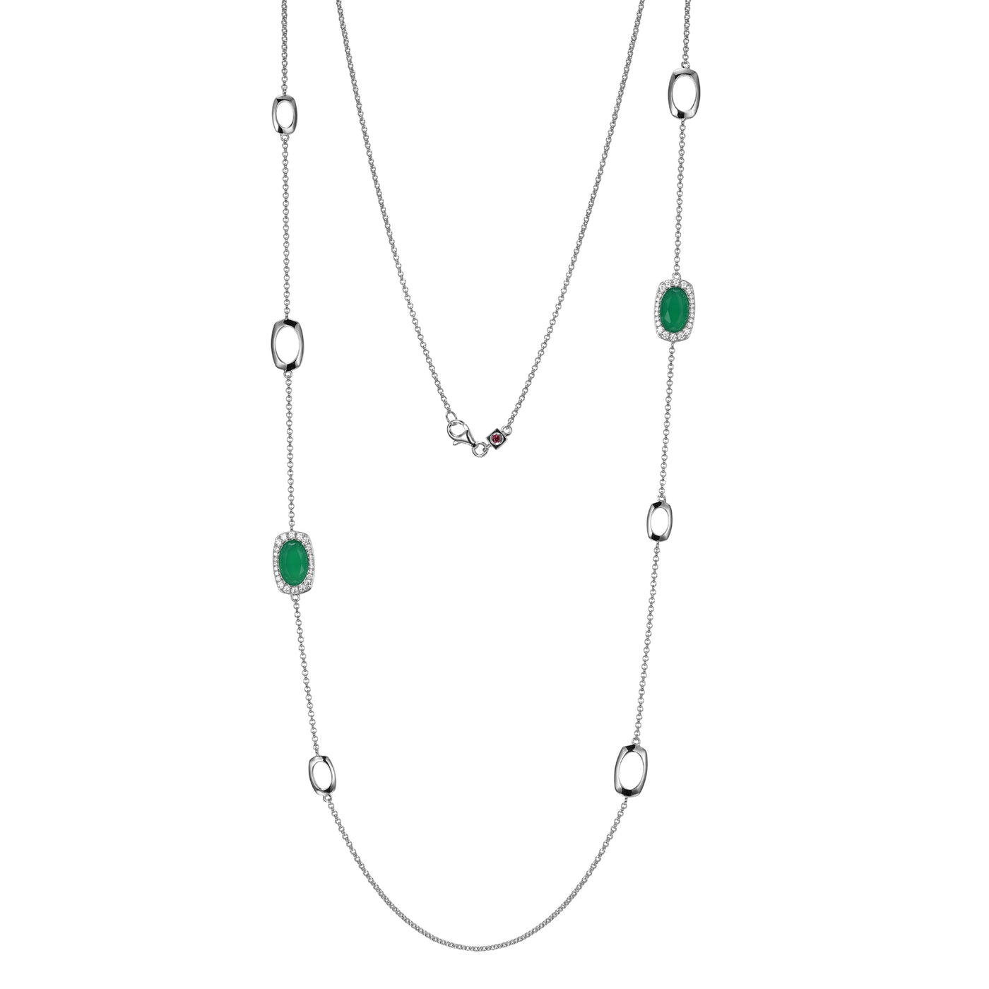 Rhodium Plated Sterling Silver ELLE "Aureole" Chrysoprase and Cubic Zirconia Station Necklace