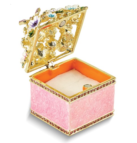 Jere Bejeweled Crystals Enameled "HELLO SPRING" Flowers and Butterfly Ring Holder Trinket Box