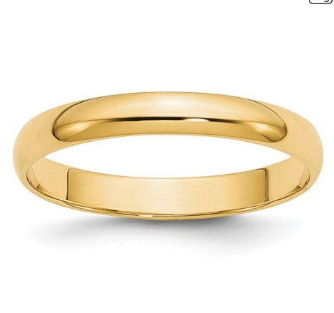 14K Yellow Gold 3mm Lightweight Half Round Wedding Band Size:7 Gram Weight:1.9g