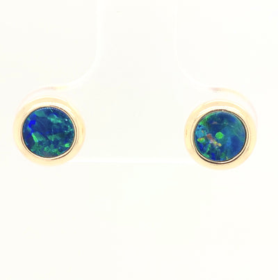 14KY  5mm Round Australian Opal Doublet Stud Earring Pair