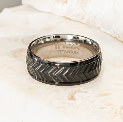 Black IP Titanium Matte Finish Chevron Comfort Fit Ring, Sz 10.5