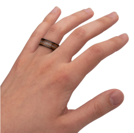 Black Stainless Steel Deer Antler and Sapele Wood Inlay Comfort Fit Ring, Sz 10