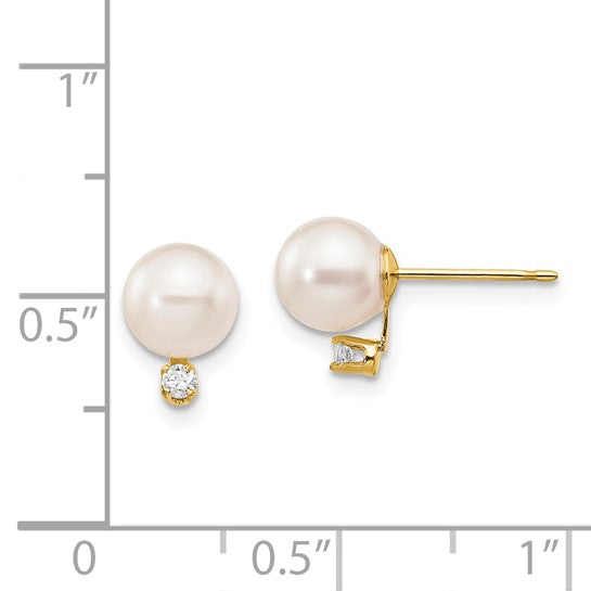 14k 6-7mm White Round Saltwater Akoya Cultured Pearl Diamond Post Earrings