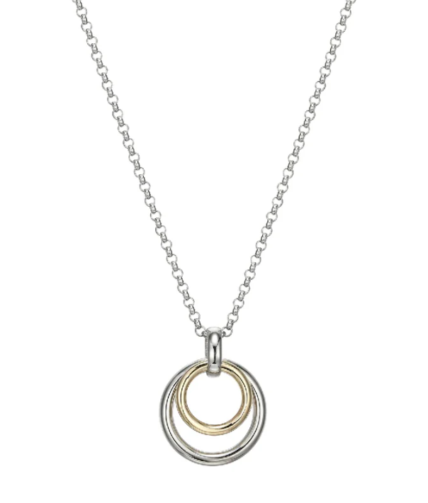 Sterling Silver ELLE "Simpatico" Rhodium and Gold Plated Double Circle Drop Pendant (17" + 3")