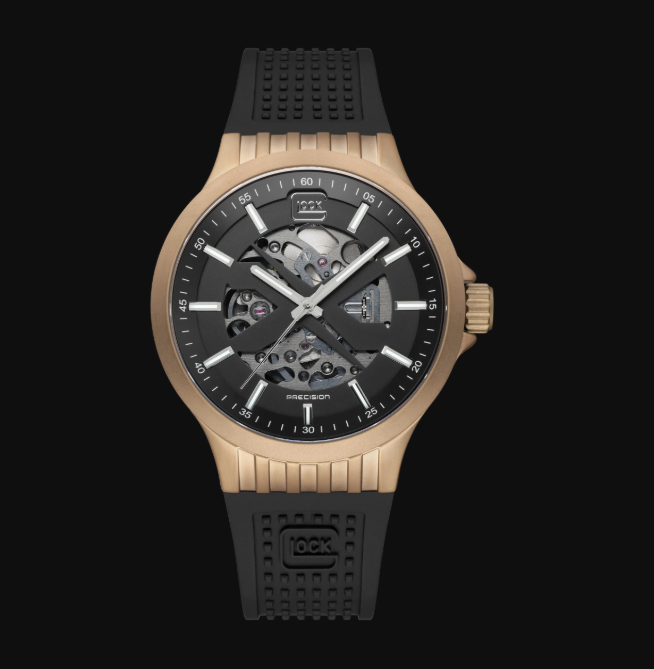 Gent's Khaki Steel Glock Watch with Black Skeleton Dial