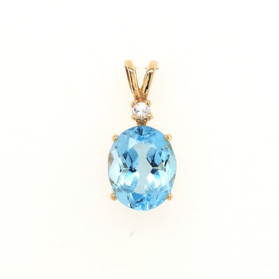 14KY 11x9mm Oval Blue Topaz Pendant with Small Diamond Accent Gram Weight:2.0g