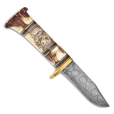 Damascus Steel Knife with Lion And Elephant Scrimshaw Handle