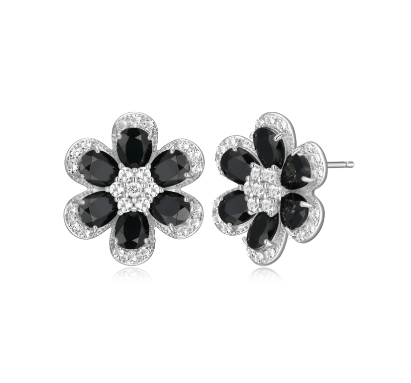 Sterling Silver Rhodium Plated Black Spinel and White Topaz Flower "Petals" Earrings