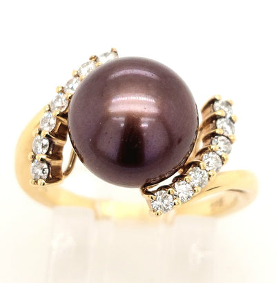 14KY Dyed Chocolate Freshwater Pearl & Diamond Ring