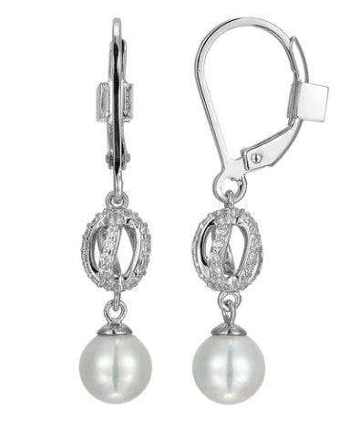 Rhodium Plated Sterling Silver ELLE "Luna" Pearl and Cubic Zirconia Drop Earrings