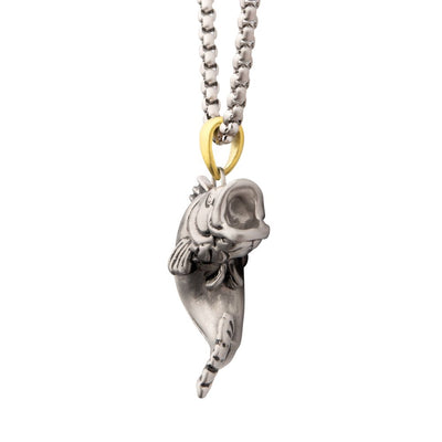 Antiqued Matte Finish Steel Largemouth Bass Pendant with 24" Box Chain