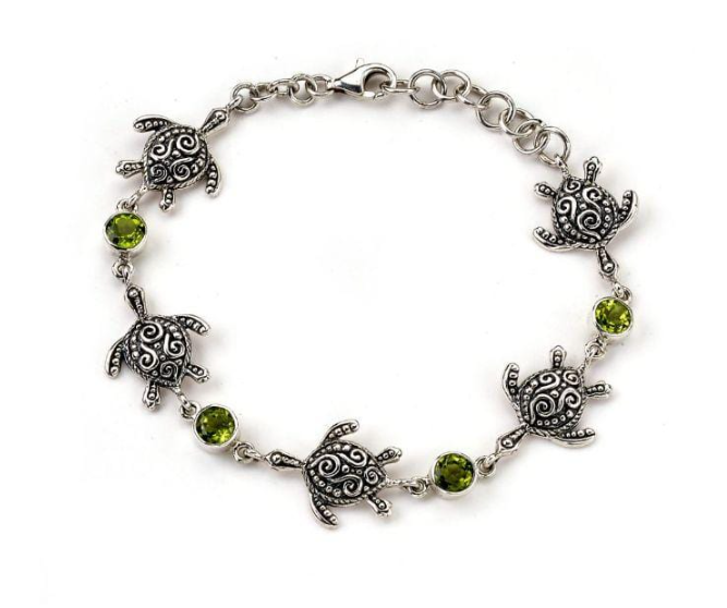 Sterling Silver "Sea Turtle Strand Bracelet" with Peridot