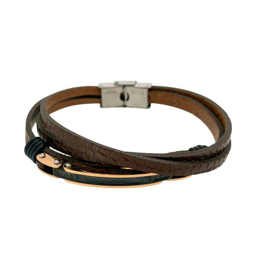 Brown Leather 3 Cord Bracelet With Cenral Gold And Black Steel Bar