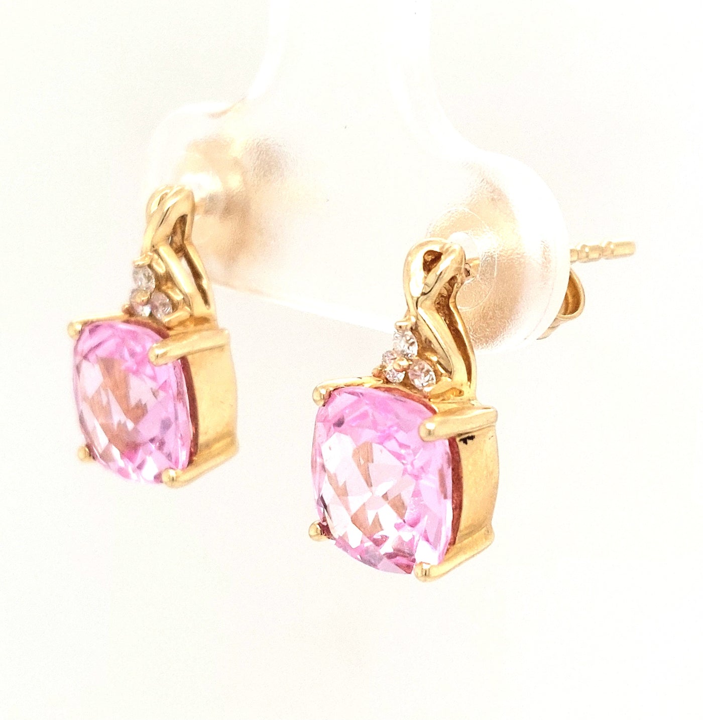 14KY Checkerboard Created Pink Sapphire and Diamond Earring Pair