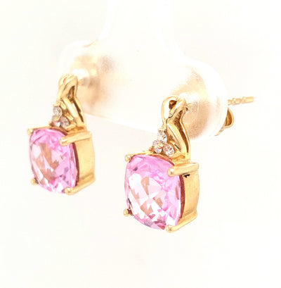 14KY Checkerboard Created Pink Sapphire and Diamond Earring Pair