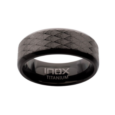 Black IP Titanium Etched Fishskin Comfort Fit Ring, Size 10.5