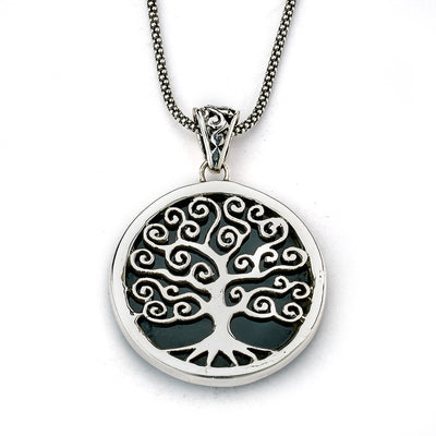 SS Round Black Shell Pendant With Tree of Life Design