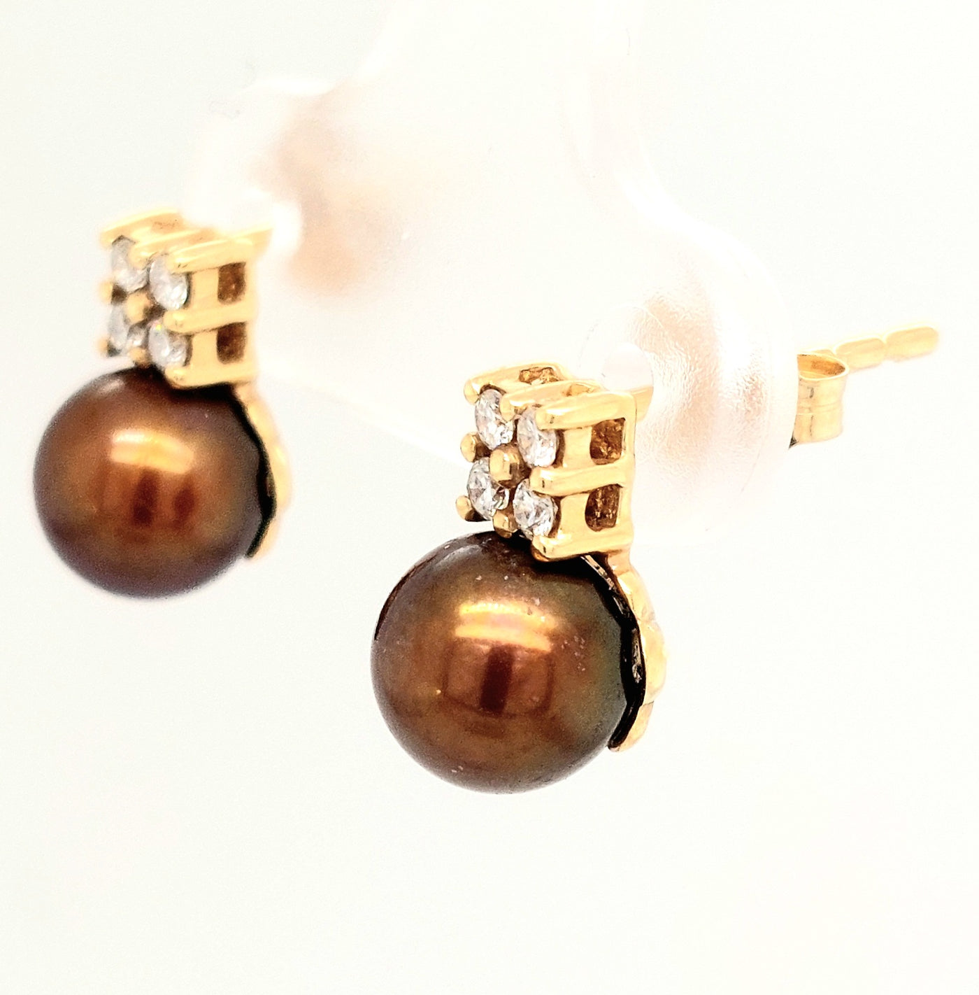 14KY Dyed Chocolate Pearl with Diamond Accent Earring Pair