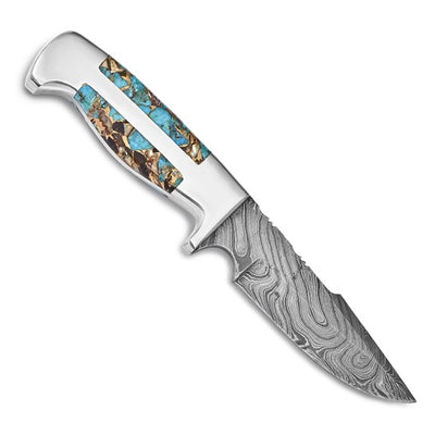 Damascus Steel 256 Layer Fixed Blade Turquoise/AbaloneShell/Obsidian Handle Knife