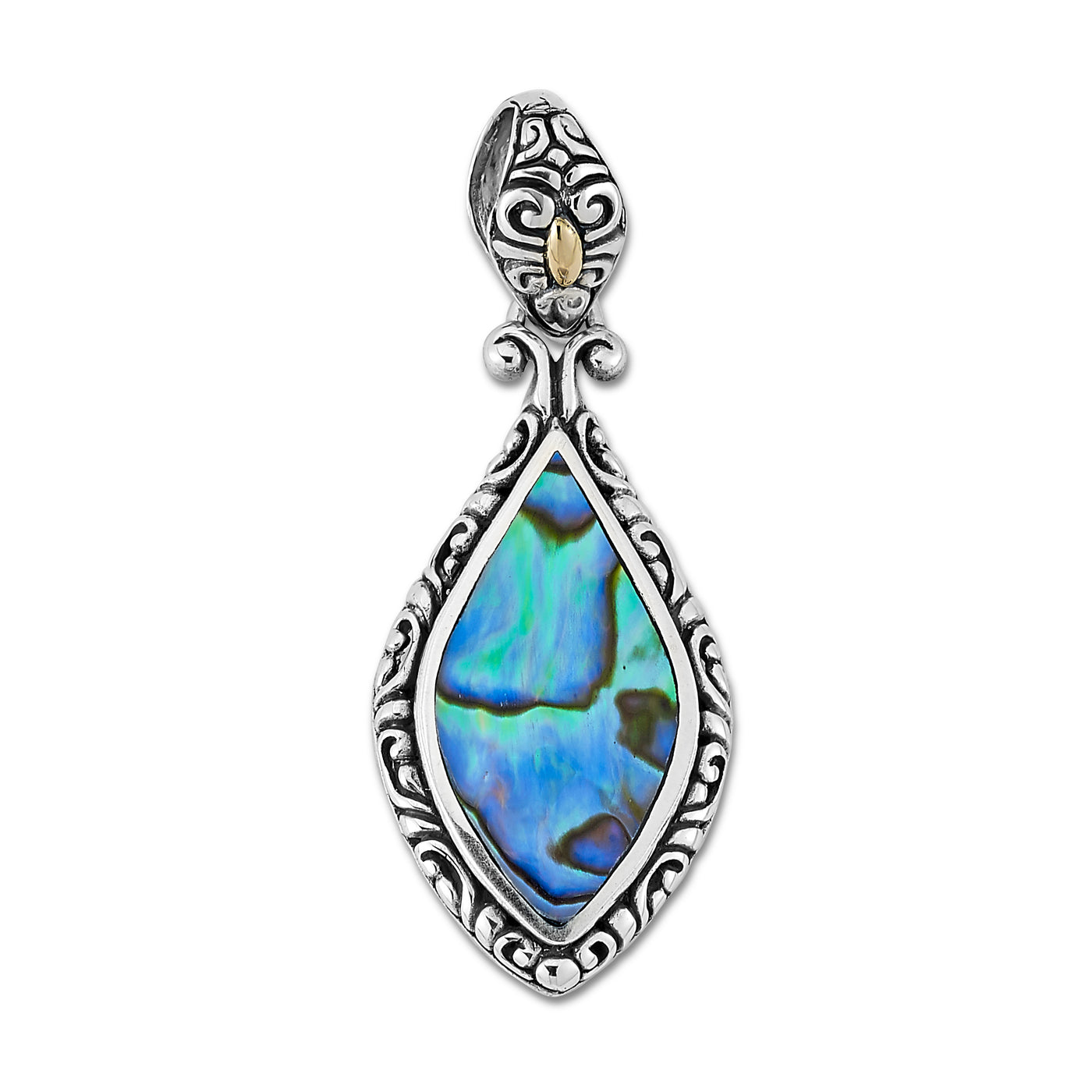 Sterling Silver and 18KY Abalone Marquise Shape "Banta" Pendant with Filigree Design