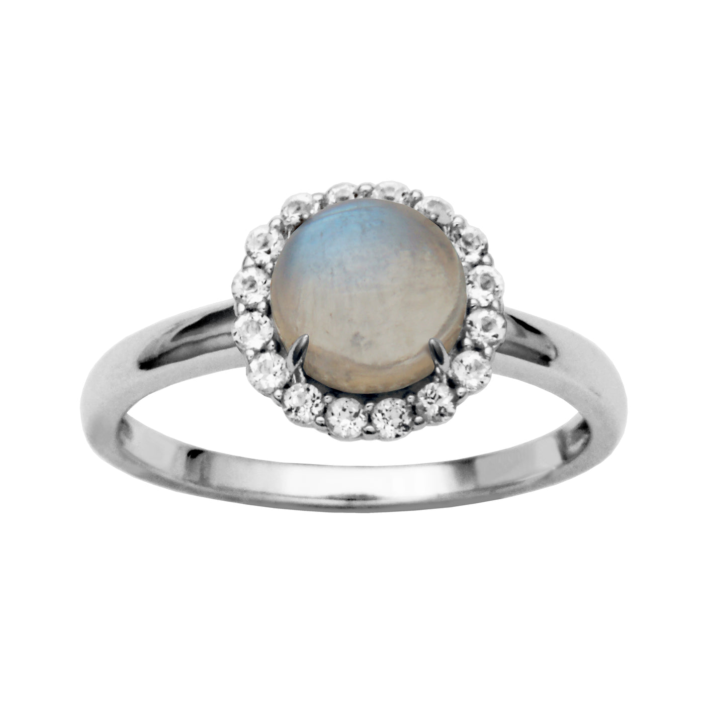 Sterling Silver Blue Rainbow Moonstone & White Topaz Ring