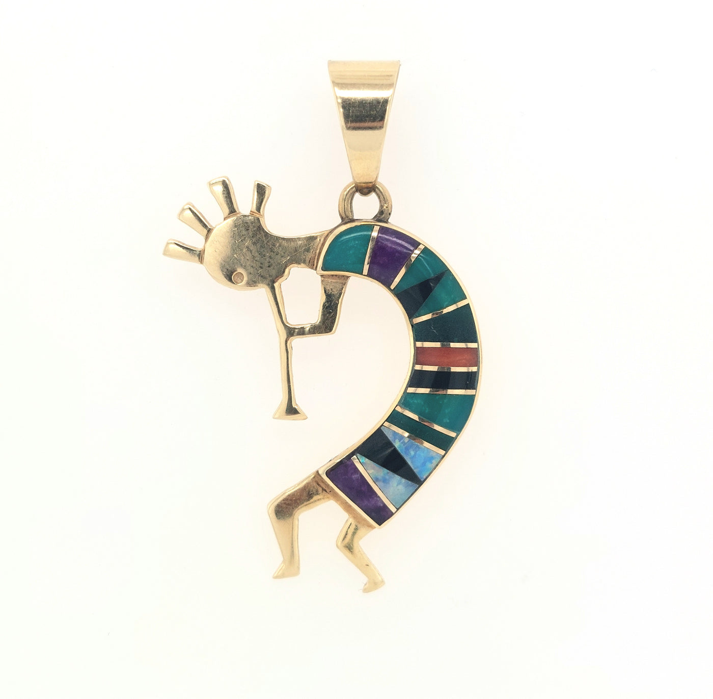 14KY Kokopelli Colorful Stones Inlay Pendant Gram Weight:4.1g