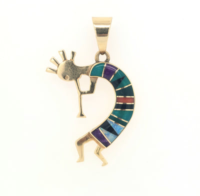 14KY Kokopelli Colorful Stones Inlay Pendant Gram Weight:4.1g