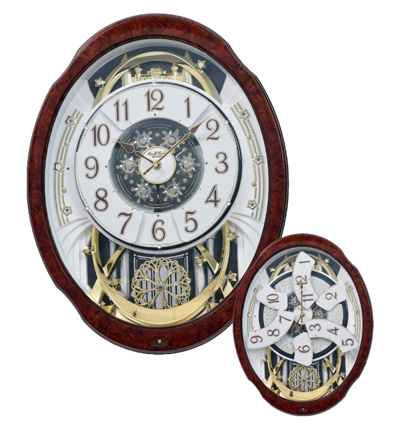 Woodgrain Marvelous Musical Motion Clock w/ Faux Burl Wood Frame and Crystals