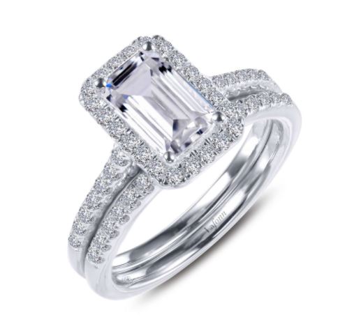 SS Bonded w/ Plat Halo Emerald Cut Wedding Set