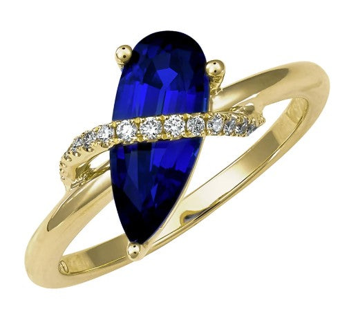 14KY Pear Shaped Chatham Blue Sapphire Ring