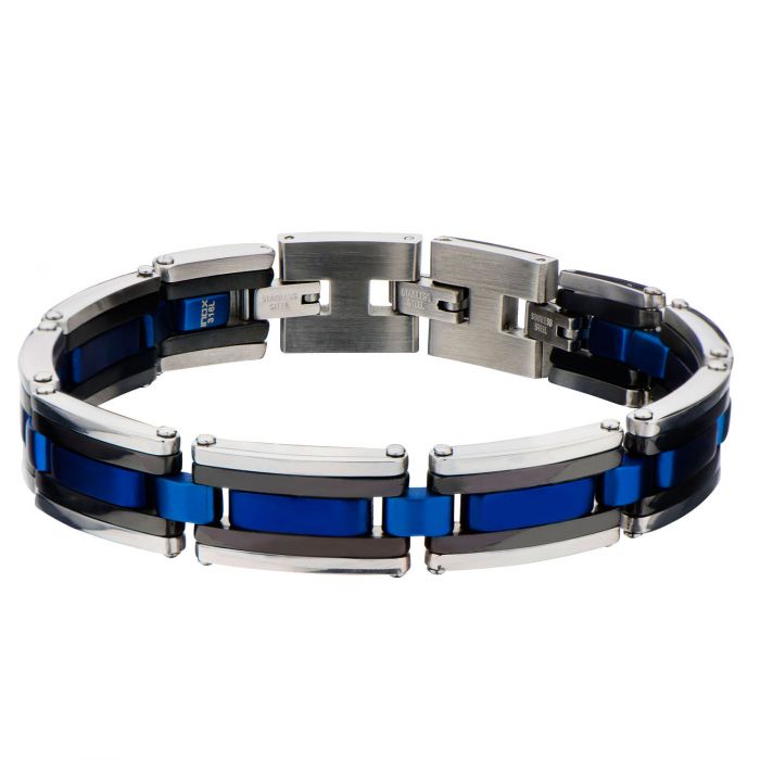 Stainless Steel Black and Blue IP Plated Link Bracelet