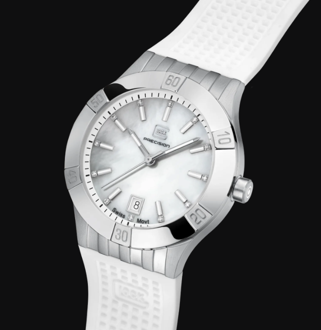 Lady's Silver-Tone Steel Glock Watch with Mother of Pearl Diamond Dial