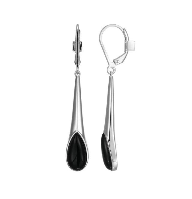 Sterling Silver ELLE "Ethereal Drops" Rhodium Plated Black Agate Drop Earrings